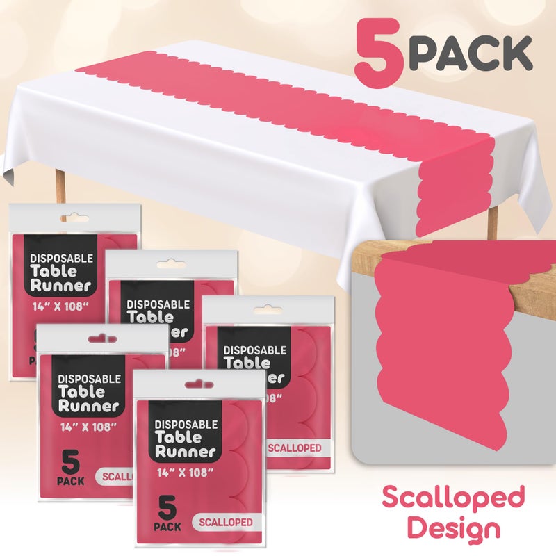 Swanoo Hot Pink Plastic Disposable Table Runner. 5 Pack 14 x 108 inch. Scallop Table Runner Adds A Pop of Color To Your Party Table, by Swanoo - Image 2